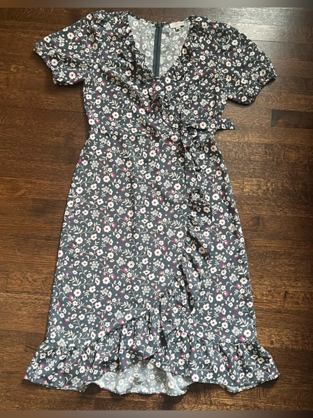 Loft size 10 faux wrap ruffle accent gray with floral print dress